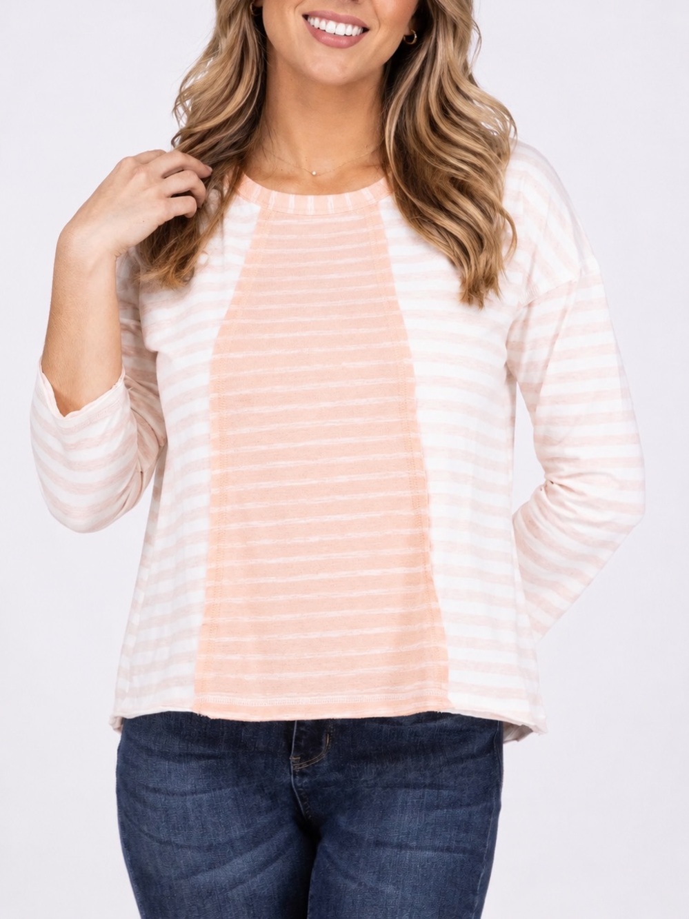 Women's Peach Striped Long Sleeve Top